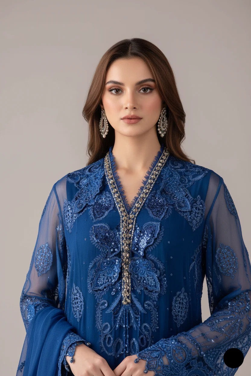 Royal Azure Chiffon Chikankari 3-Piece Suit