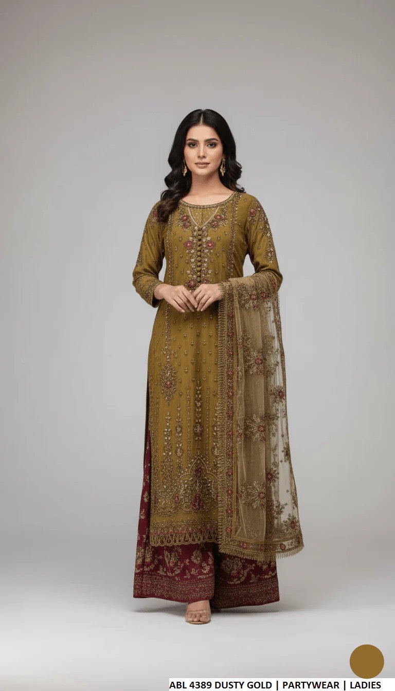 Dusty Gold Embroidered Chiffon Party Wear Set (Copy)