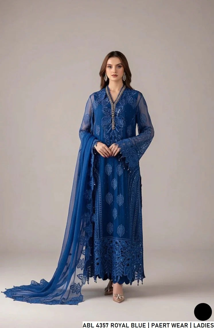 Royal Azure Chiffon Chikankari 3-Piece Suit