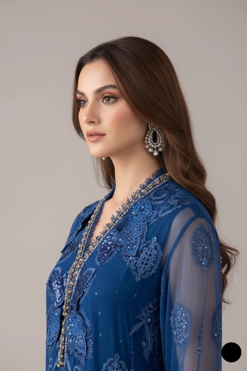 Royal Azure Chiffon Chikankari 3-Piece Suit