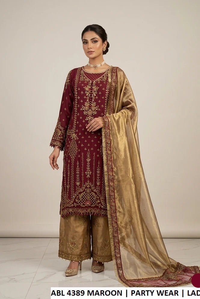 Dusty Gold Embroidered Chiffon Party Wear Set