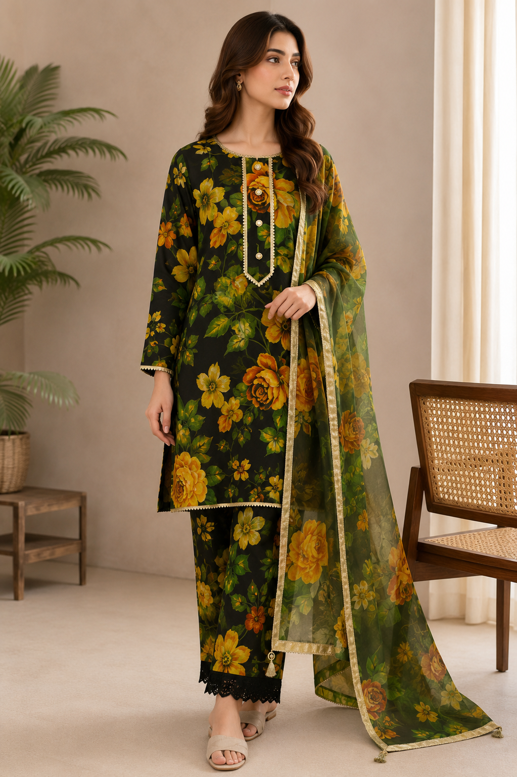 Black Floral Swiss Lawn 3 Piece Pakistani Suit with Silk Dupatta | ZIYANA LUXE