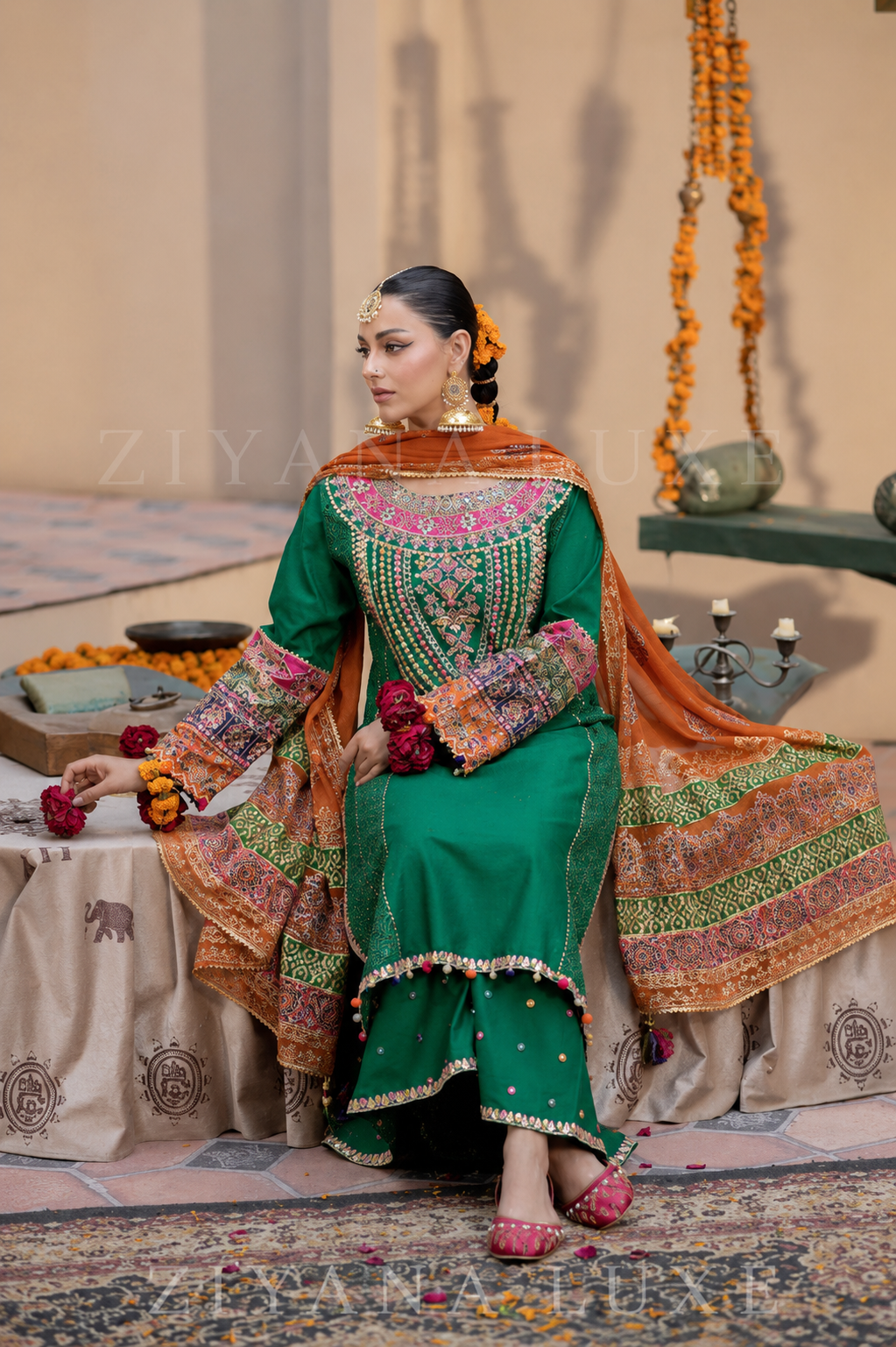 Luxury Green Festive Wear – 3-Piece Ensemble