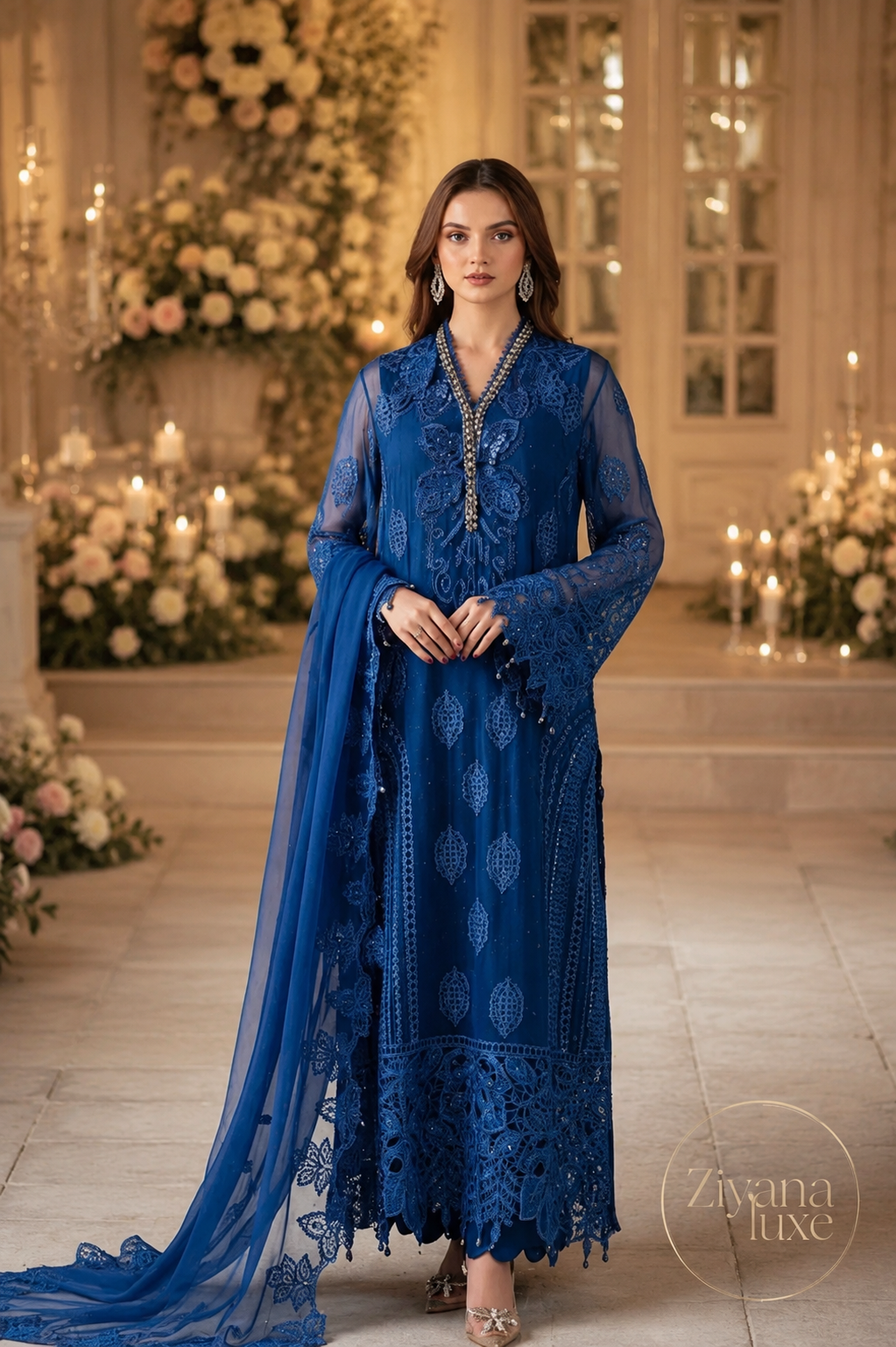 Royal Azure Chiffon Chikankari 3-Piece Suit