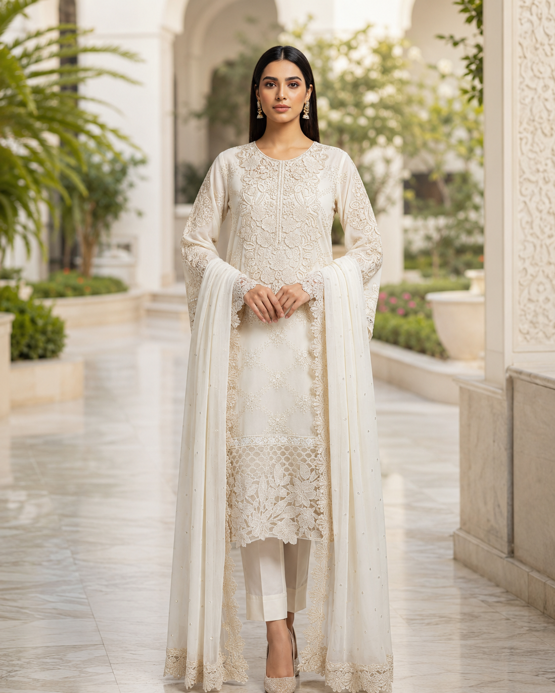White Chiffon A-Line 3-Piece Women's Pakistani Suit