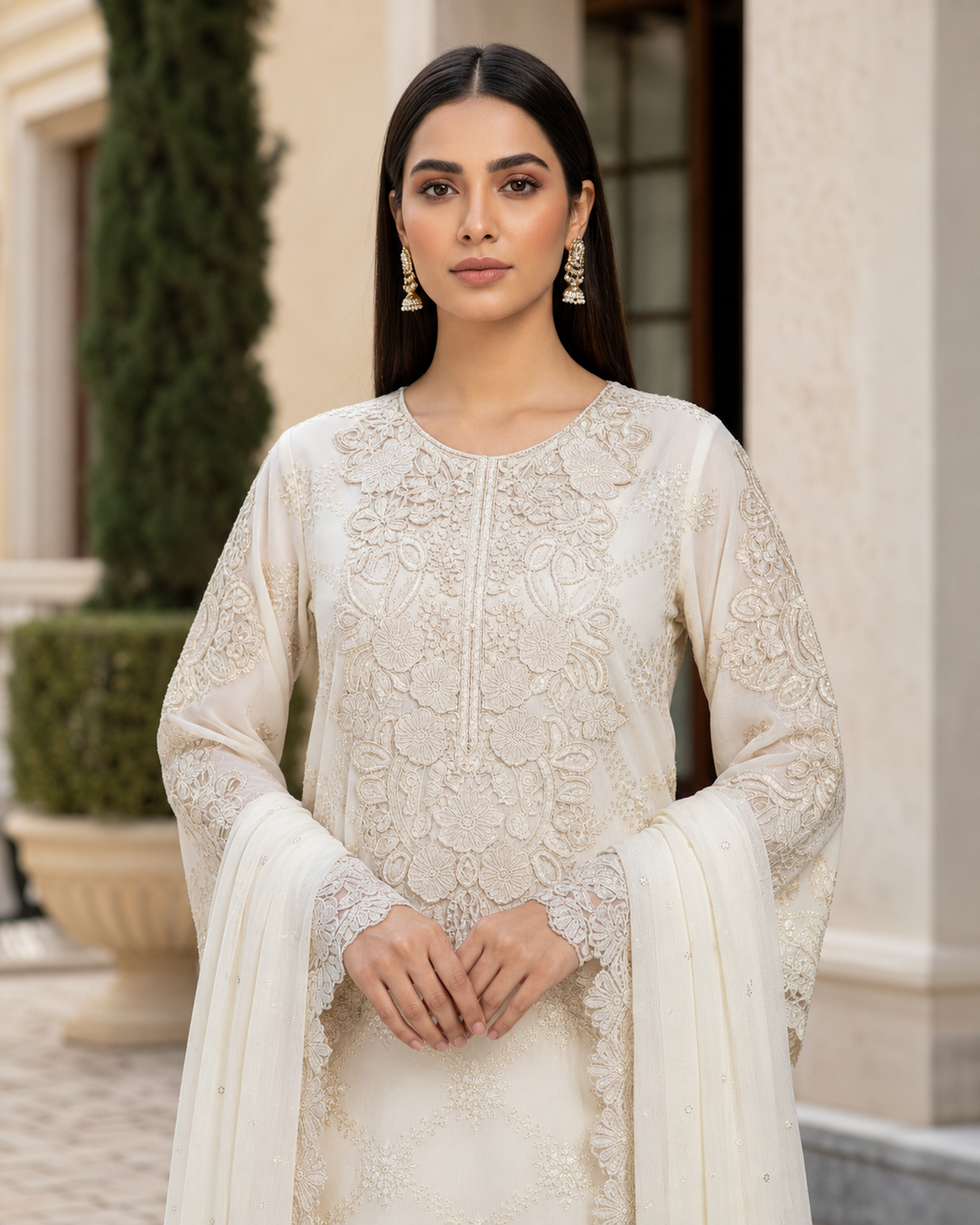 White Chiffon A-Line 3-Piece Women's Pakistani Suit