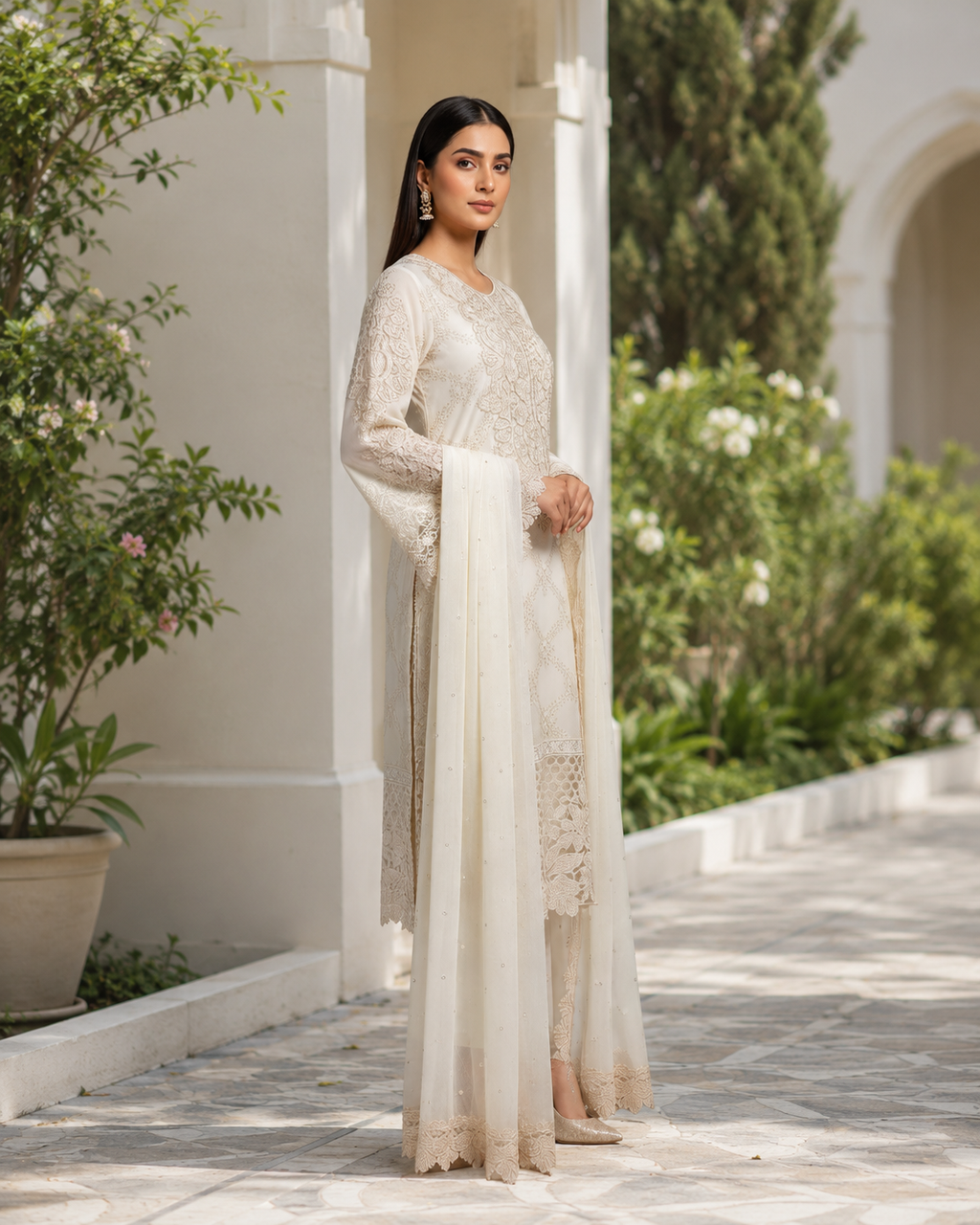 White Chiffon A-Line 3-Piece Women's Pakistani Suit