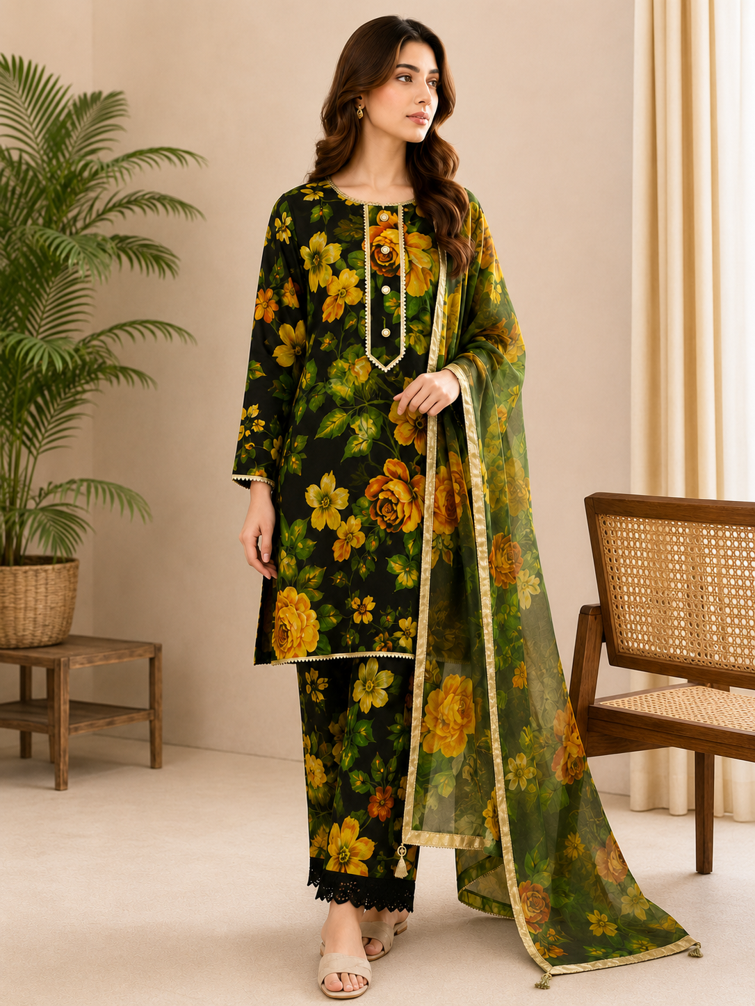 Black Floral Swiss Lawn 3 Piece Pakistani Suit with Silk Dupatta | ZIYANA LUXE