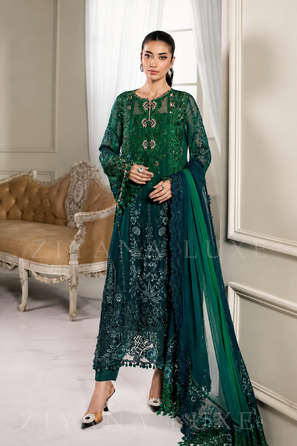 BOTTLE GREEN Party Wear – Embroidered Luxury 3-Piece Suit