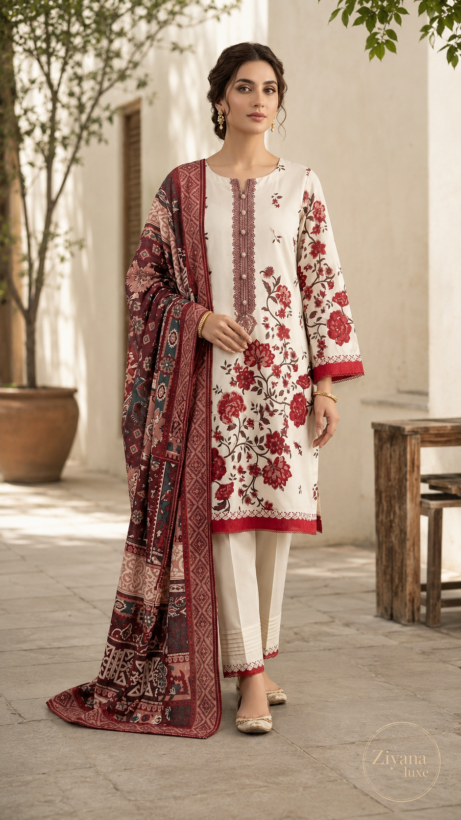Crimson Bloom Lawn 3-Piece Suit ZIYANA Luxe
