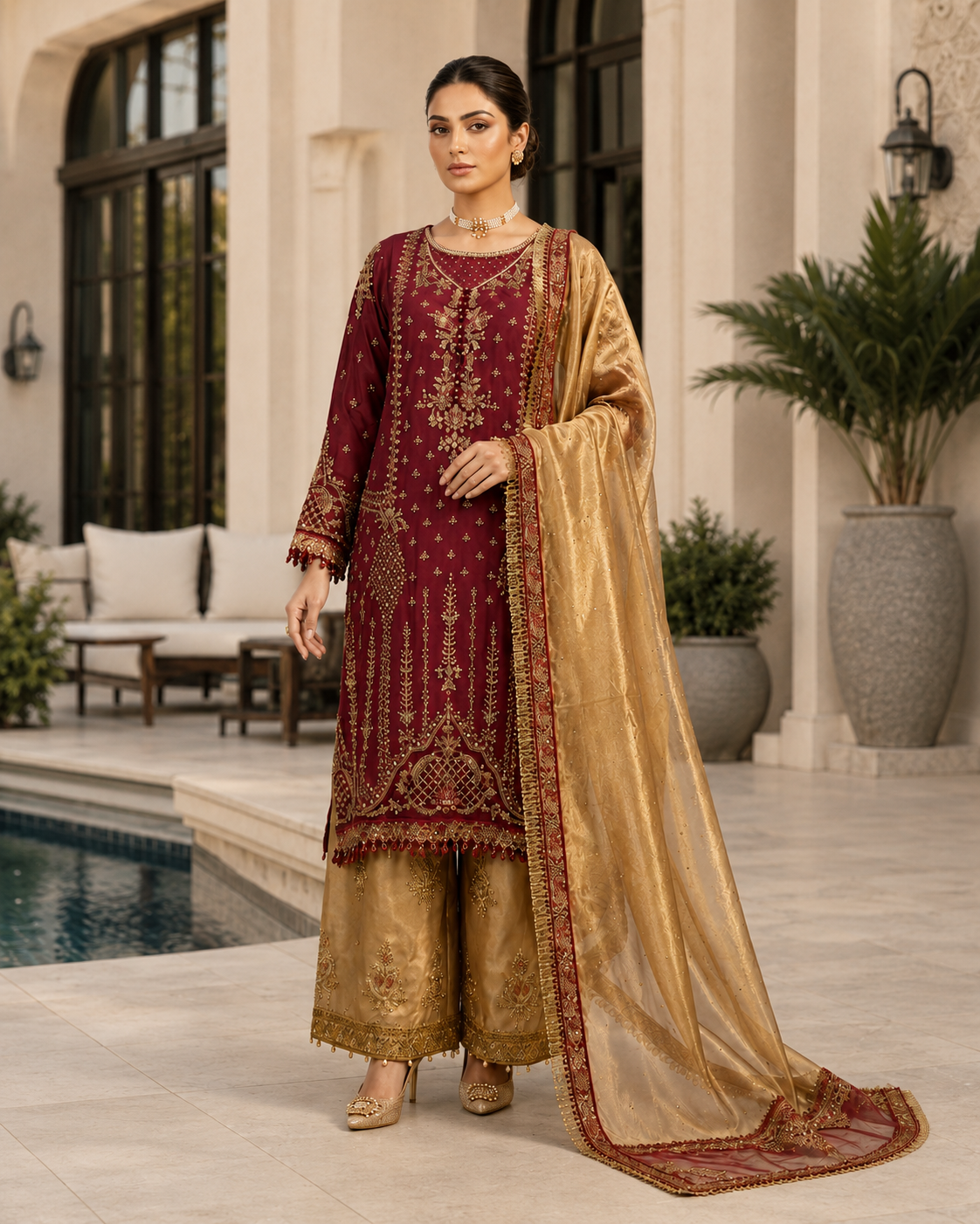 Dusty Gold Embroidered Chiffon Party Wear Set