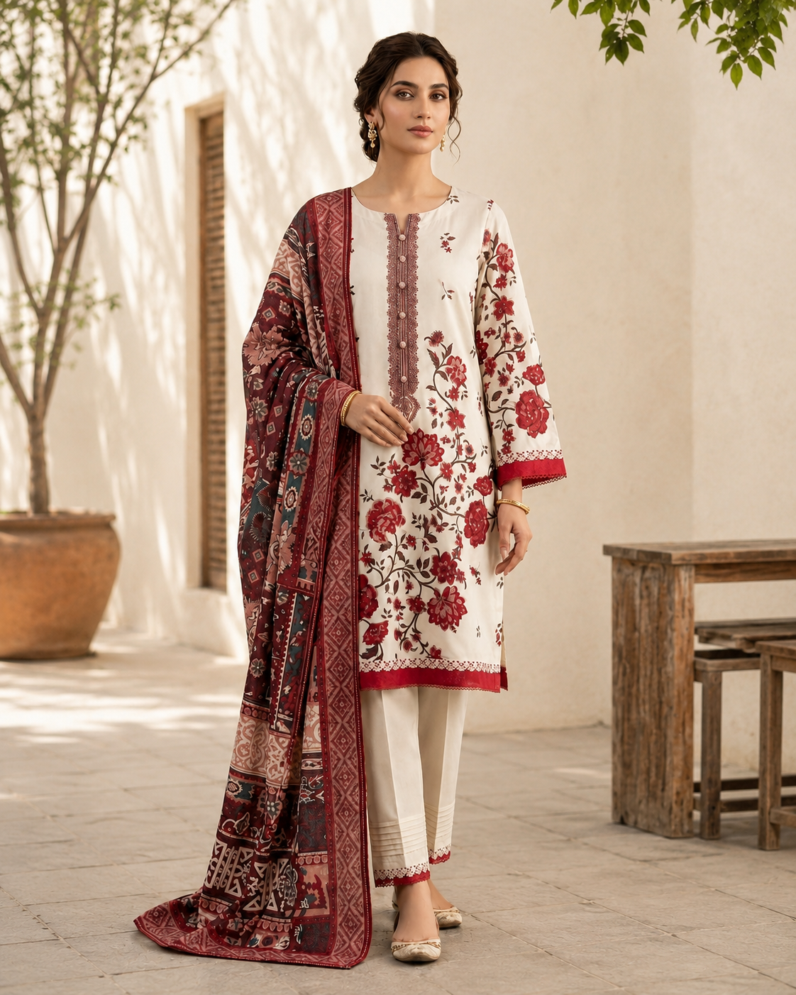 Crimson Bloom Lawn 3-Piece Suit ZIYANA Luxe