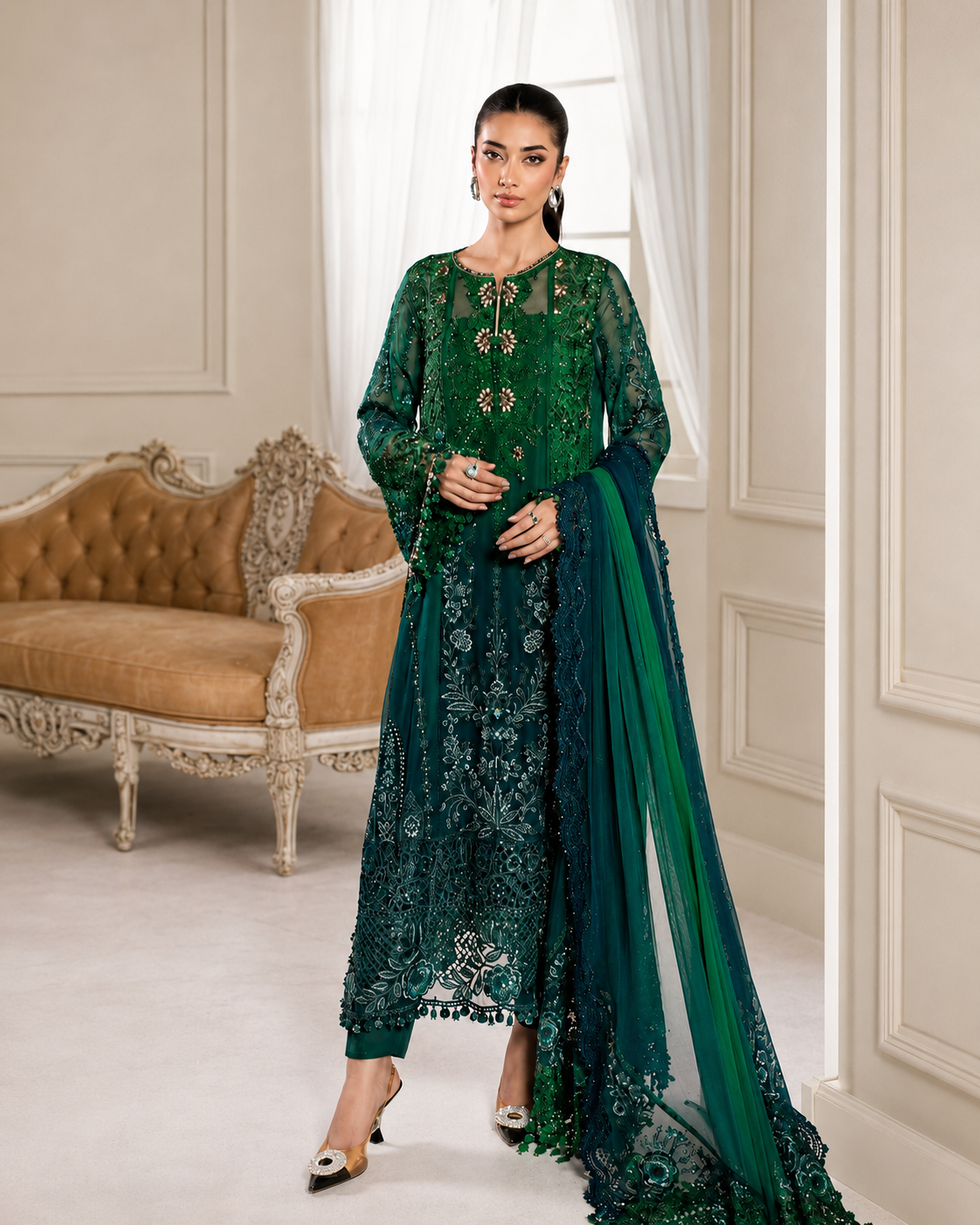 BOTTLE GREEN Party Wear – Embroidered Luxury 3-Piece Suit