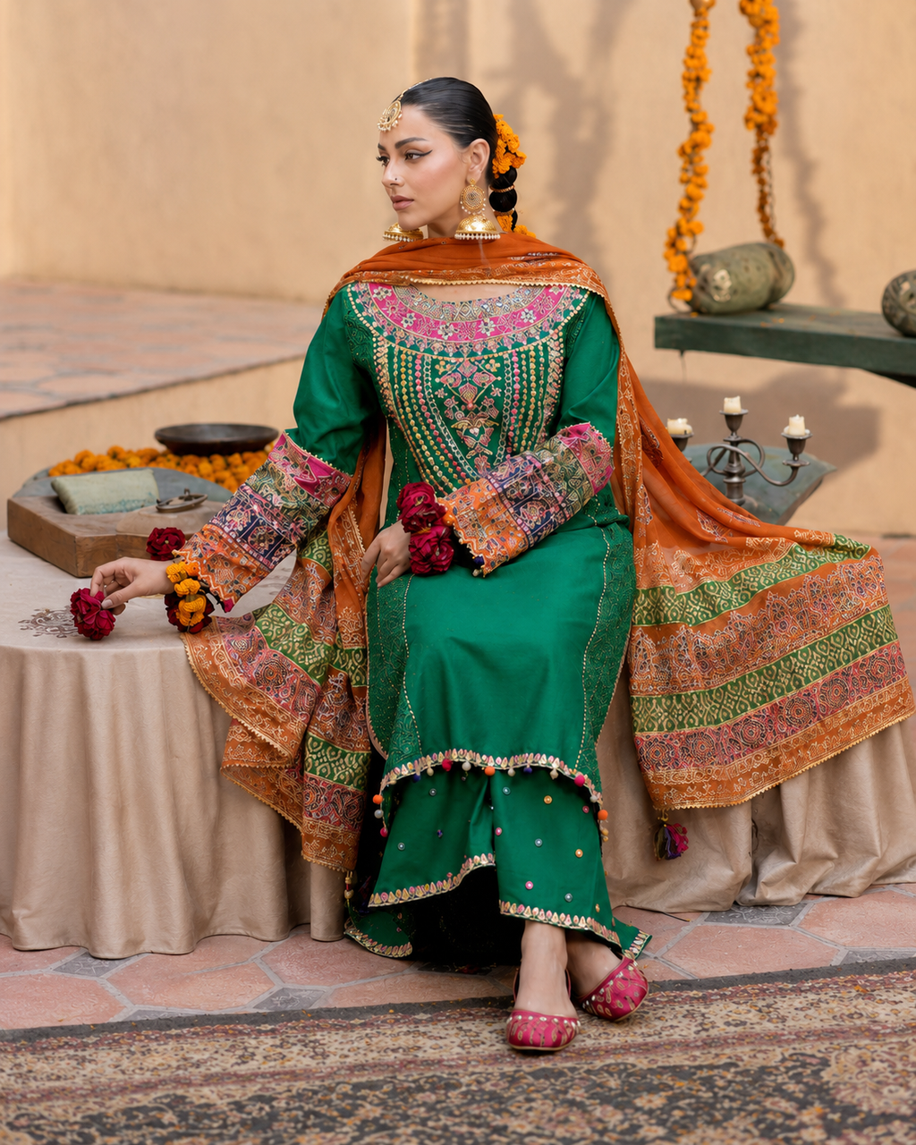 Luxury Green Festive Wear – 3-Piece Ensemble