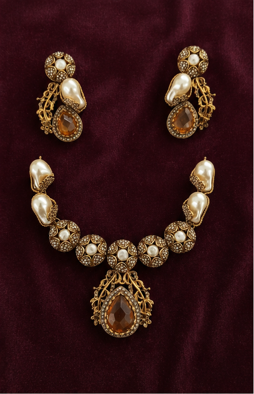 Amber Pearl Royal Necklace SeT