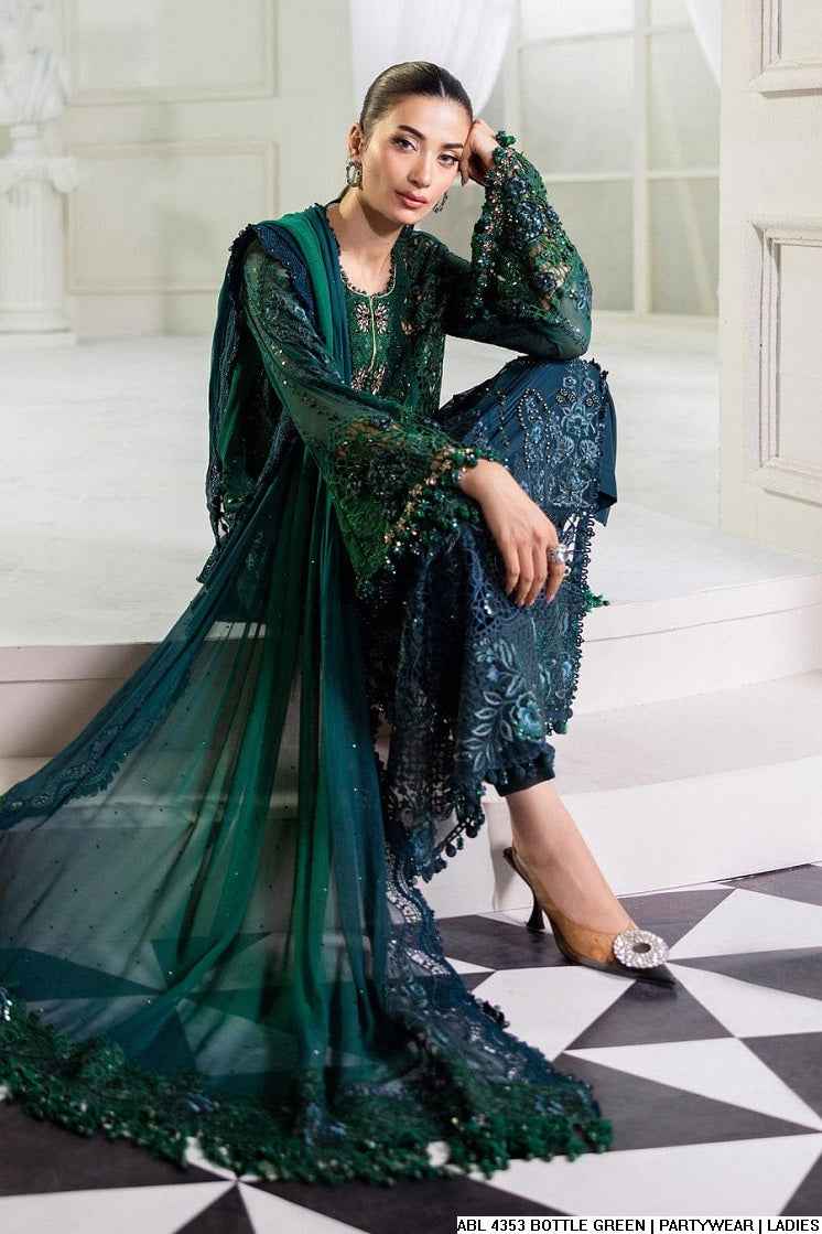 BOTTLE GREEN Party Wear – Embroidered Luxury 3-Piece Suit