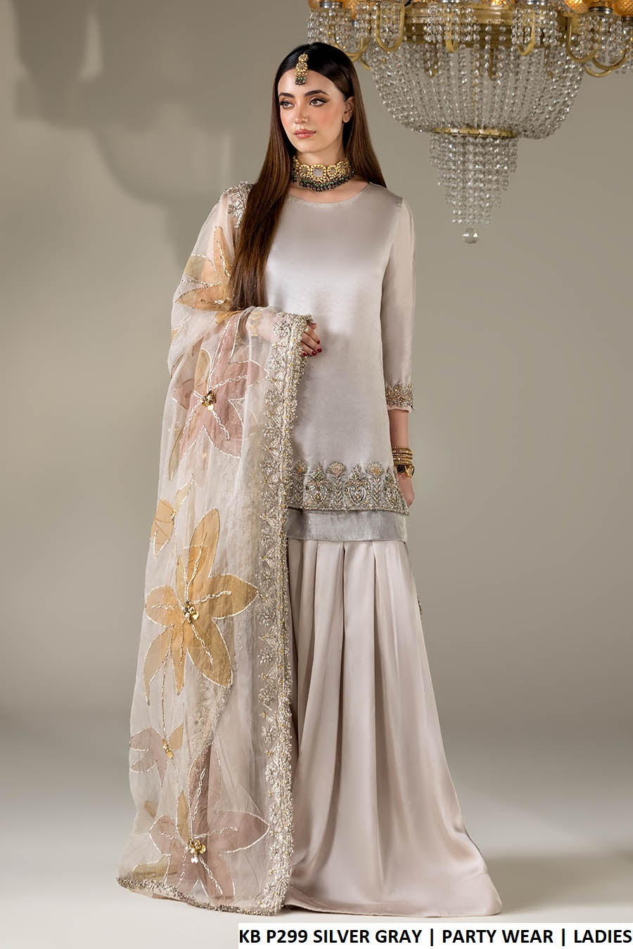 Ziyana Luxe Silver Gray Party Wear – Embroidered 3-Piece Suit