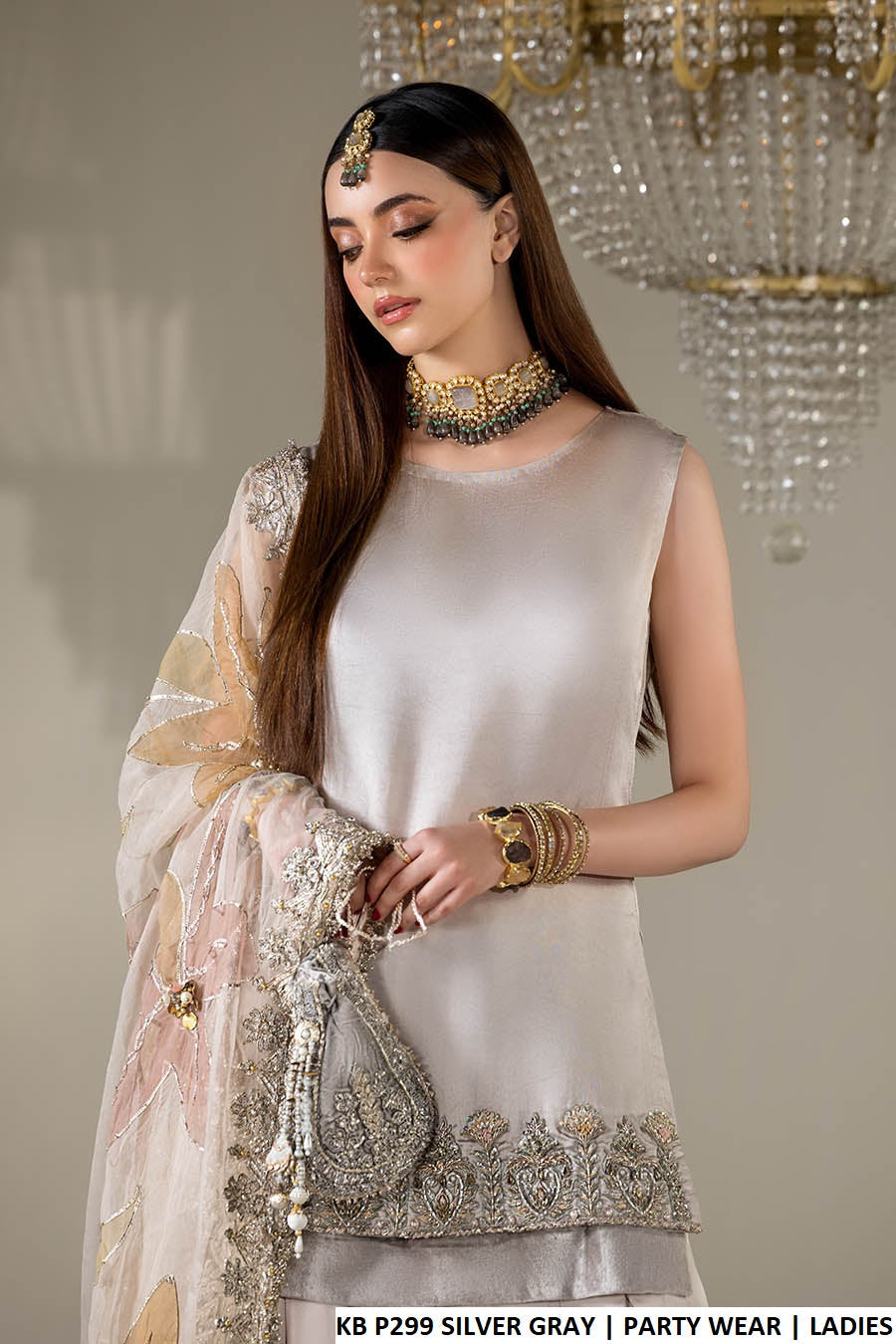 Ziyana Luxe Silver Gray Party Wear – Embroidered 3-Piece Suit