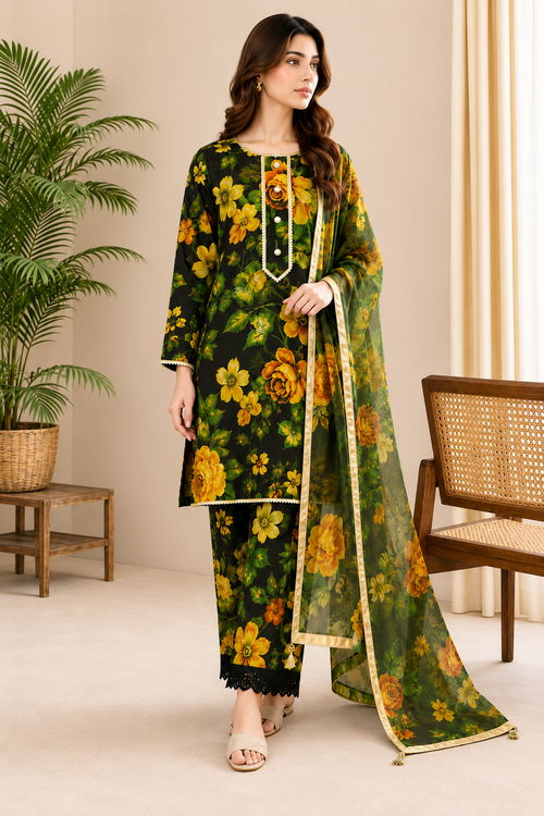 Black Floral Swiss Lawn 3 Piece Pakistani Suit with Silk Dupatta | ZIYANA LUXE