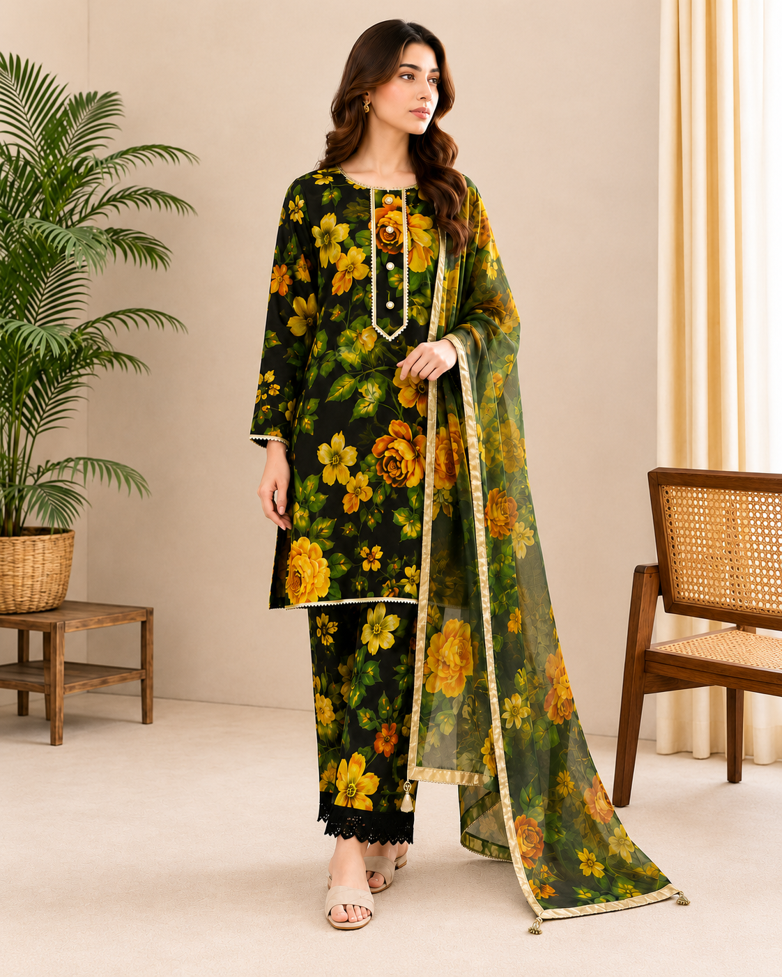 Black Floral Swiss Lawn 3 Piece Pakistani Suit with Silk Dupatta | ZIYANA LUXE