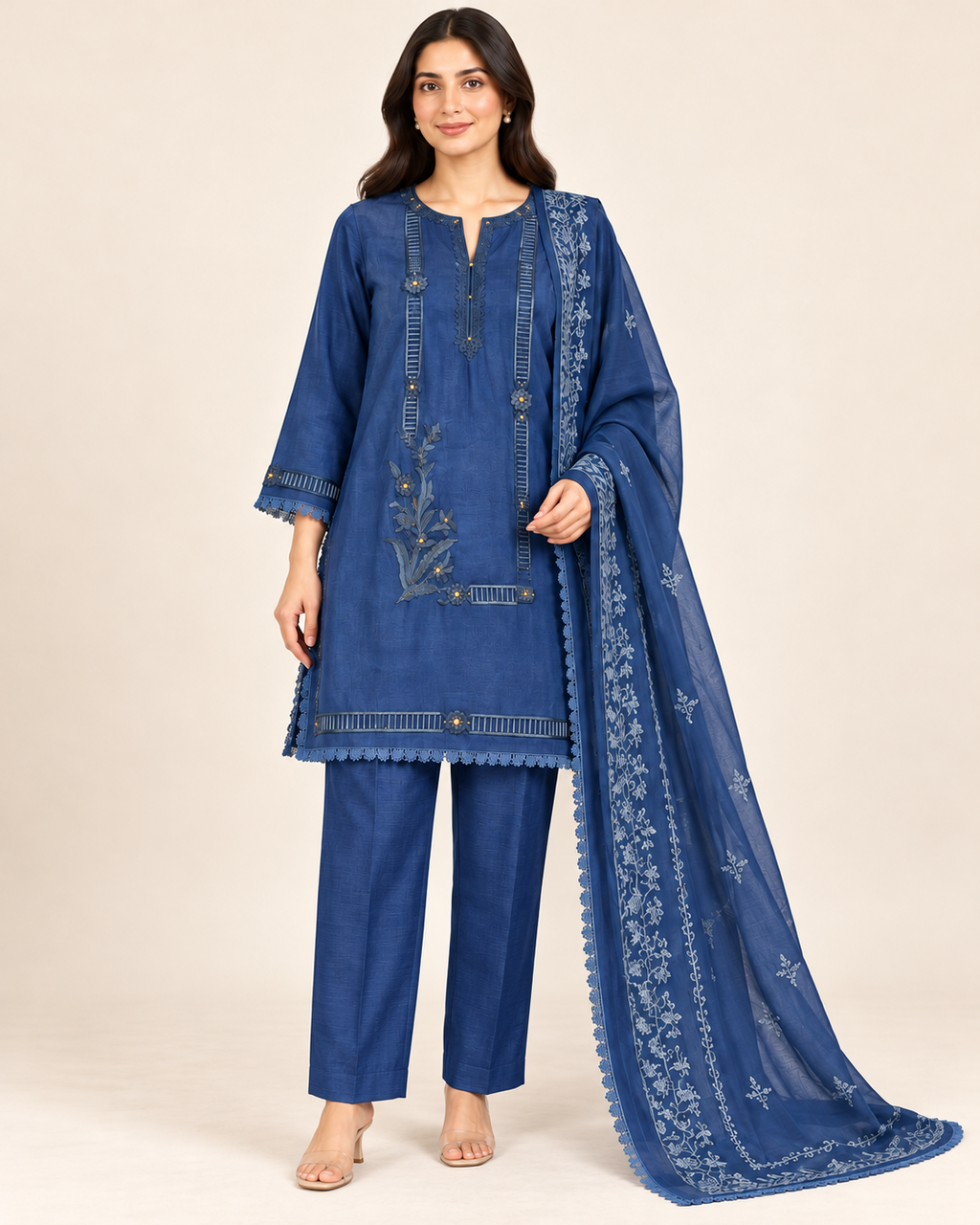Blue Embroidered Long Shirt with Silk Straight Pants & Dupatta