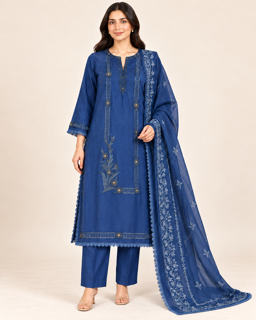 Blue Embroidered Long Shirt with Silk Straight Pants & Dupatta