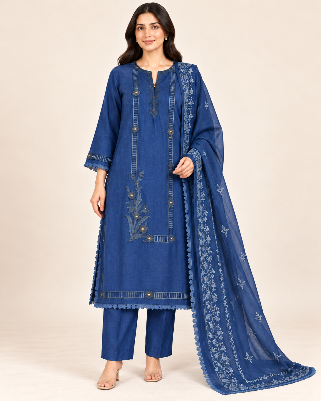 Blue Embroidered Long Shirt with Silk Straight Pants & Dupatta