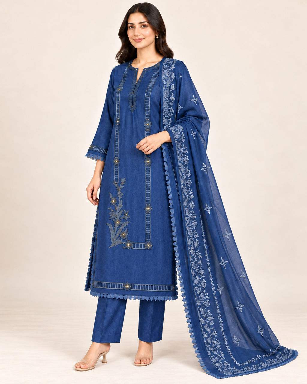 Blue Embroidered Long Shirt with Silk Straight Pants & Dupatta