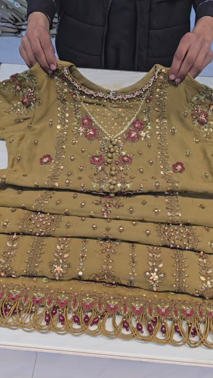 Dusty Gold Embroidered Chiffon Party Wear Set (Copy)