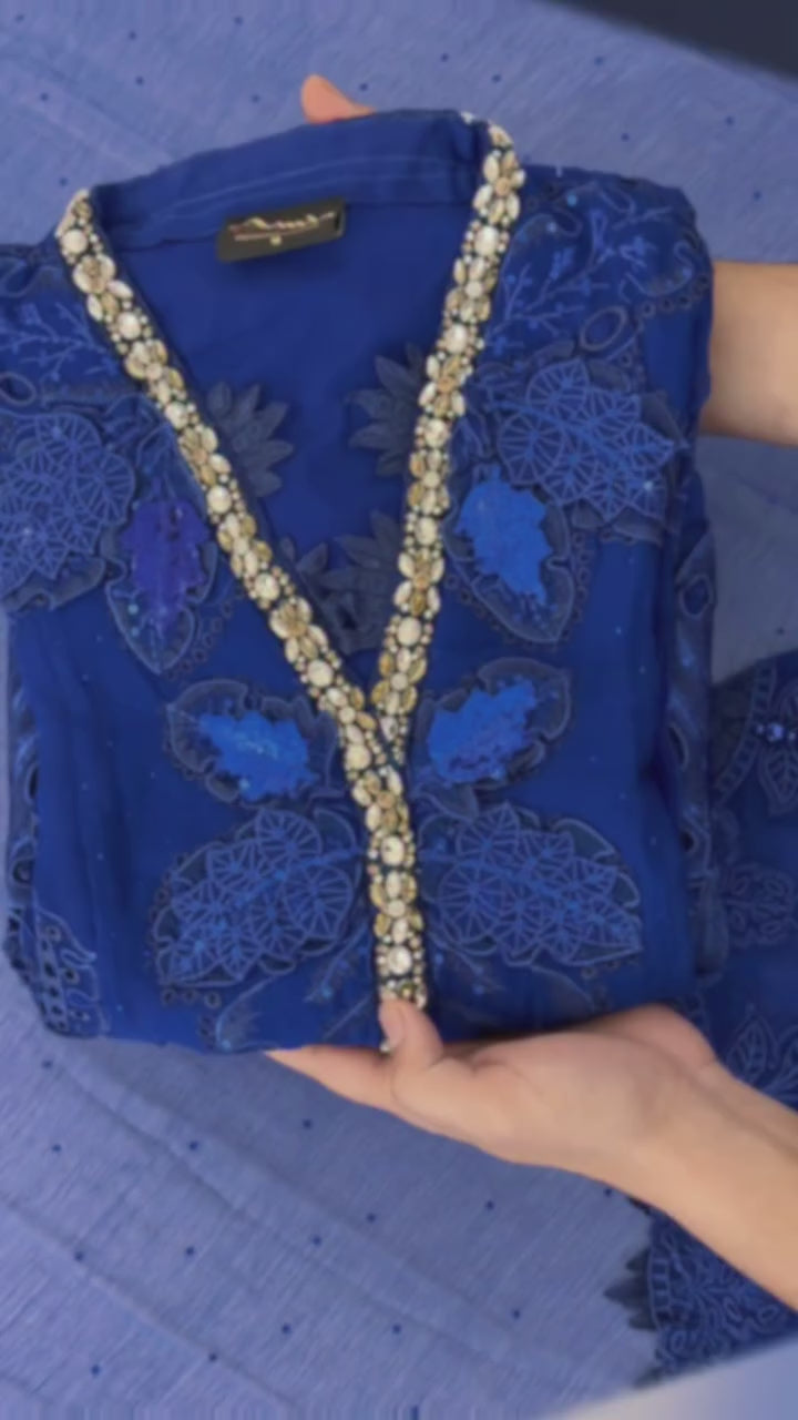 Royal Azure Chiffon Chikankari 3-Piece Suit